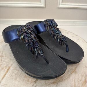 FITFLOP Rumba Iridescent Beaded Toe Post Sandal Women Size 10 Metallic Blue 336